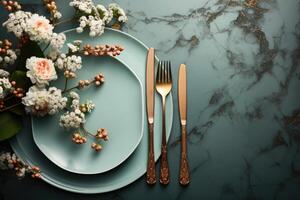 AI generated modern elegant event table and cutlery setting in a minimalist style advertising food photography photo