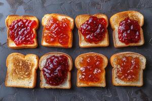 ai generado tostadas con frutas mermelada en cocina mesa profesional publicidad comida fotografía foto