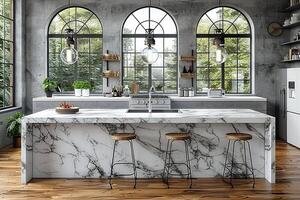 AI generated interior design of a modern kitchen with minimalistic scandinavian marble style photography photo