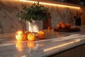 AI generated interior design of a modern kitchen with minimalistic scandinavian marble style photography photo