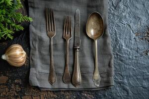 AI generated cutlery setting on a restaurant table advertising food photography photo