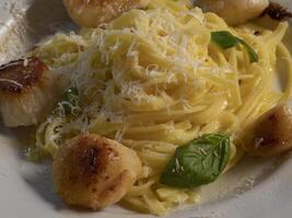 Side view scallops and pasta dish photo