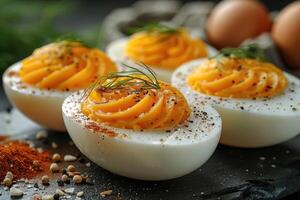 ai generado muy condimentado huevo en el cocina mesa profesional publicidad comida fotografía foto