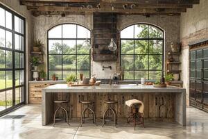 ai generado interior diseño de un moderno casa de Campo cocina con de madera armarios y flotante estantería estilo fotografía foto