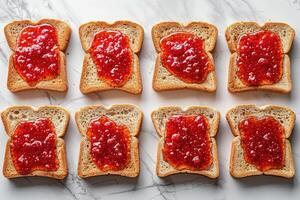 AI generated toasts with fruits jam on kitchen table professional advertising food photography photo