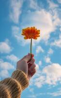 AI generated Sky and hand holding daisy flower photo