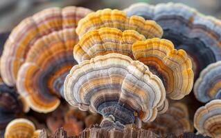 AI generated Mushrooms on wooden tree trunk plank photo