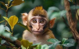 ai generado bebé mono en el bosque foto
