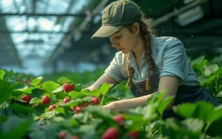 AI generated Woman working in farm harvesting strawberry photo