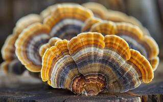 AI generated Mushrooms on wooden tree trunk plank photo