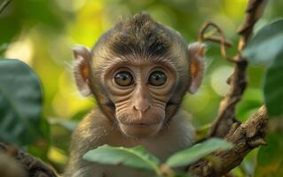 ai generado bebé mono en el bosque foto