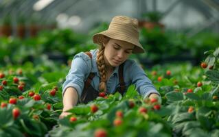 AI generated Woman working in farm harvesting strawberry photo