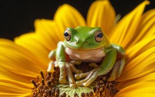 AI generated Frog sitting on sunflower photo