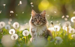 AI generated Cat in a field with dandelions photo