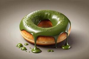 ai generado un rosquilla con verde Formación de hielo y gotea en un marrón superficie foto