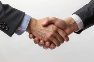 AI generated two business people shaking hands over a white background photo