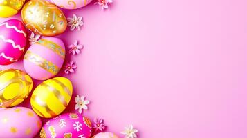 AI generated Easter eggs on a light pink background. AI generated. photo