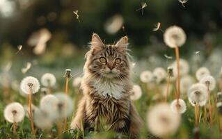 AI generated Cat in a field with dandelions photo