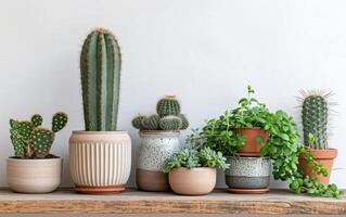 AI generated Mixed cacti and succulent  on a shelf photo