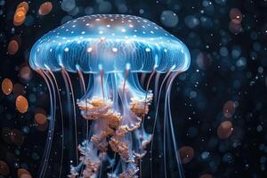 AI generated The marine jellyfish glows with luminescent against of the dark sea professional photography photo