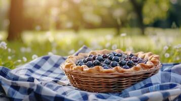 AI generated Spring Picnic with blueberry Pie on Checkered tablecloth on grass with blurred background of park or forest and copy space. Outdoor with sweets and snacks in summer empty place text photo