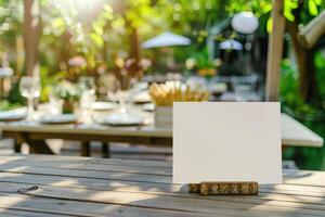 AI generated Blank card on Table in Cafe or restaurant with blurred background on the street. Invitation or menu mockup photo