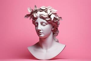 ai generado griego antiguo escultura de hembra cabeza con rosado pastel antecedentes. antiguo estatua de mujer diosa con floral guirnalda en cabeza. minimalista moderno de moda y2k estilo foto