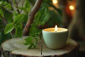 AI generated Burning candle in glass on brown stump with background of green tropical leaves. Aromatherapy and spa atmosphere with copy space for test. Empty wooden podium with pastille photo