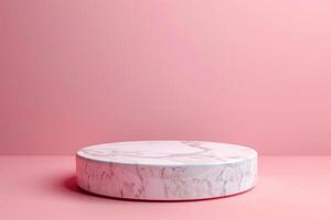 AI generated Pink empty round Marble pedestal podium. Abstract 3D platform on rosy minimalist background. Simple elegant girly render for banners presentation cosmetics. Happy Mother Women Valentine photo
