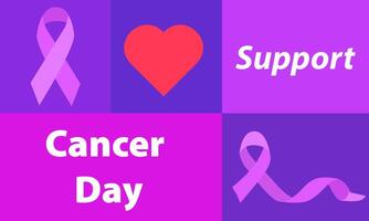 Day of the fight against cancer. Banner of support in the fight against the disease. Ribbon, heart and other symbols of support. Vector illustration