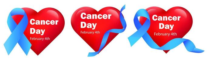 día de el lucha en contra cáncer, febrero 4. conjunto de 3d corazones con realista cintas un firmar de apoyo en el lucha en contra el enfermedad. vector ilustración