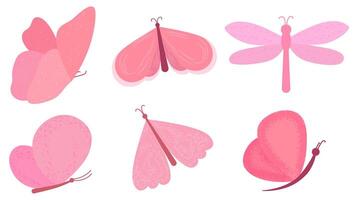 Set of flat pink butterflies. Spring butterflies on an isolated background. templates for patterns, banners and postcards. Vector illustration