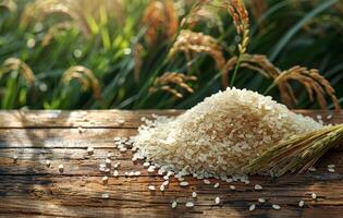 AI generated Jasmine rice and rice plant on wooden table with the rice field background photo