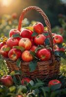 AI generated Basket with apples on the grass in the orchard photo