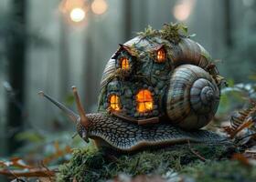 AI generated Snail house in the forest. A giant snail carrying a small house on its back photo