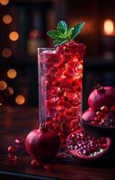 AI generated Pomegranate juice or cocktail with fresh pomegranate fruits and mint on wooden table photo