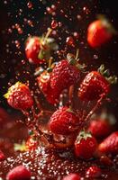 AI generated Fresh strawberries falling into the chocolate with splash and drops photo