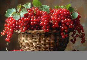 AI generated Basket with red currants on the table photo