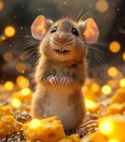 AI generated Cute little mouse stands on hind legs on the cheese in the cheese forest photo