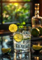 AI generated Glass of gin and tonic with lime and ice on bar photo