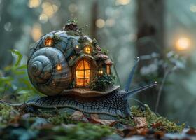 AI generated Snail house in the forest. A giant snail carrying a small house on its back photo