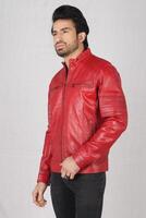 handsome pakistani young man in red biker leather jacket on white background, closeup, full height, smiling poses photo