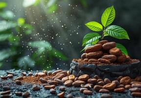 AI generated Roasted coffee beans and green leaves on black background photo