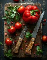 AI generated Fresh tomatoes and basil on cutting board with knife photo