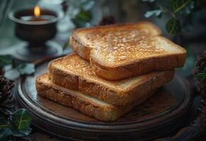 AI generated Toast bread on wooden plate and candle photo