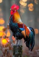 AI generated Rooster or Fighting cock on stump in the forest photo