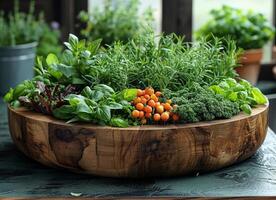 AI generated Fresh herbs and vegetables in wooden bowl photo
