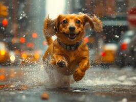 ai generado un perro tejonero corriendo pasado el en el ciudad arquitectura foto