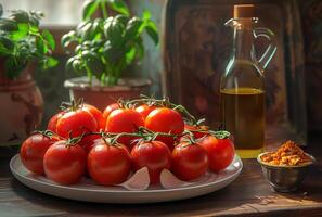 ai generado Tomates y aceituna petróleo en mesa foto