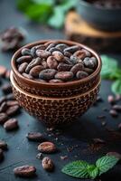 AI generated Roasted cocoa beans in bowl photo